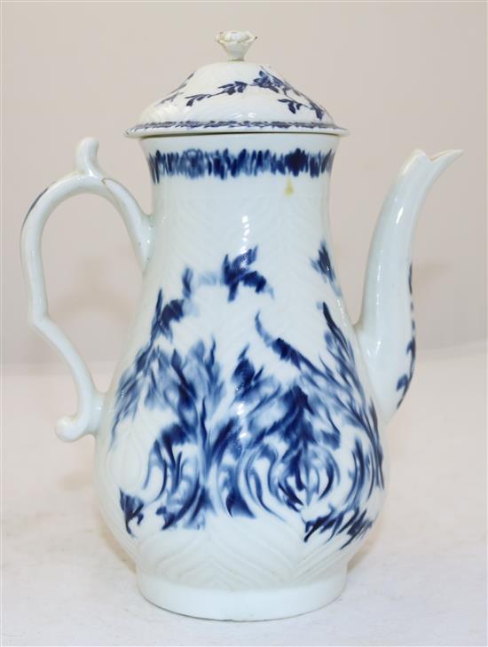 A Worcester feather moulded blue and white coffee pot, c.1760, 22cm, associated cover with re-glued finial